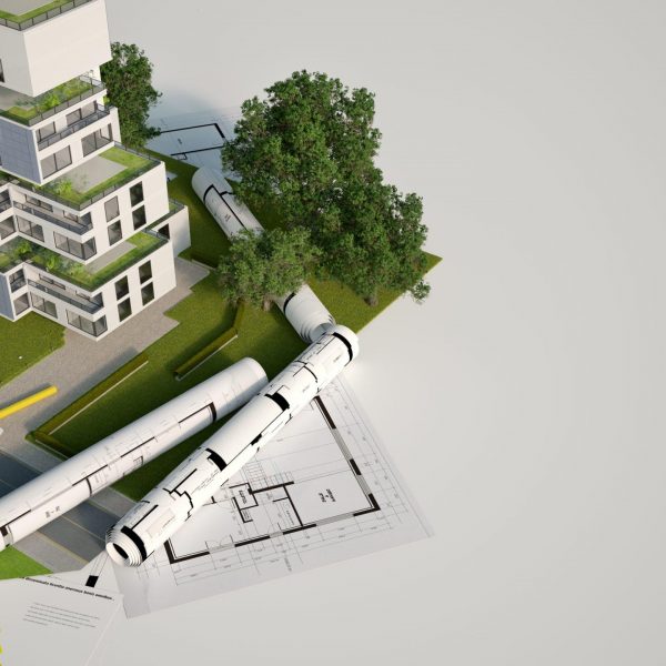 3d,Rendering,Of,A,Sustainable,Building,Architecture,Model,With,Blueprints,